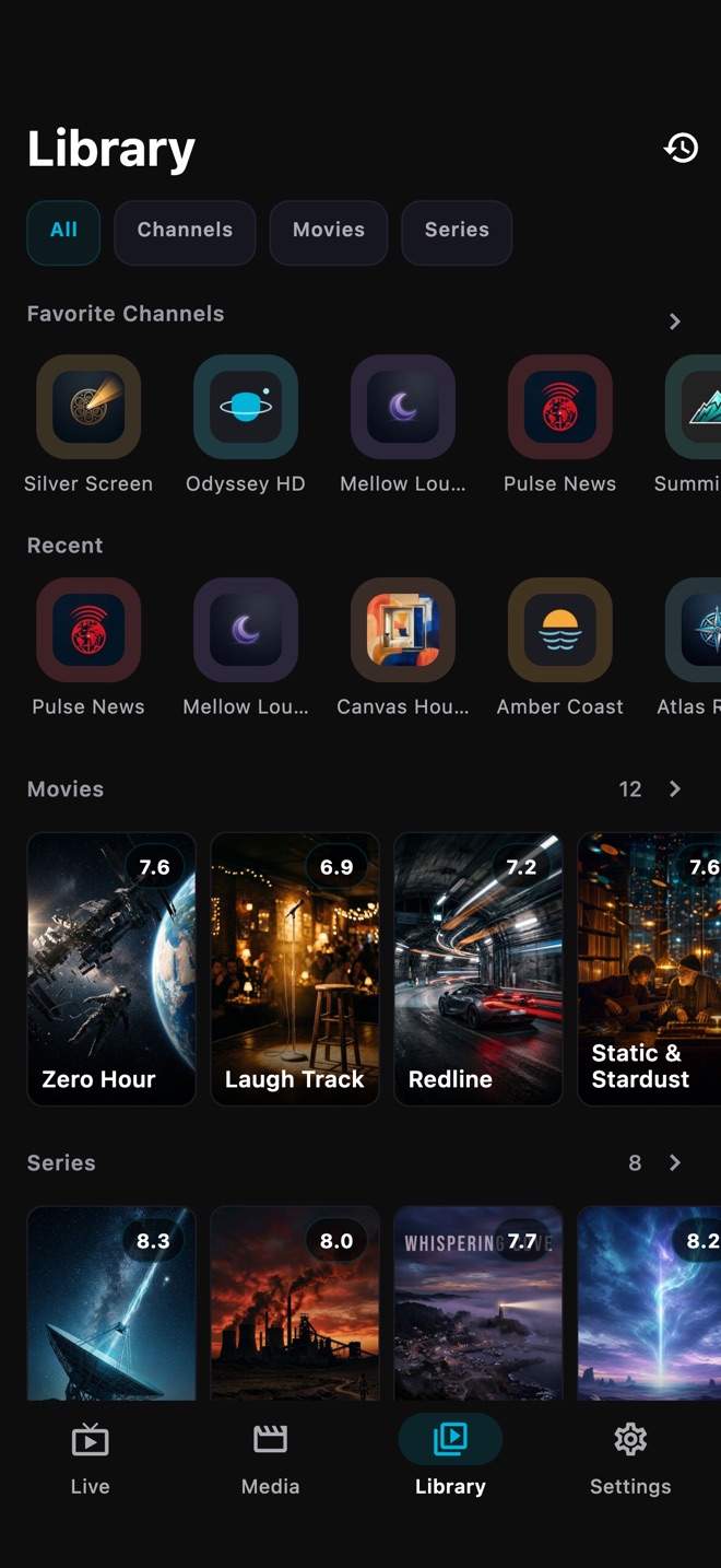 Library with continue watching, recent channels and favorites